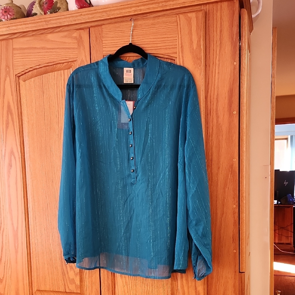 Faded Glory Blue Long Sleeve Blouse with Mandarin Collar